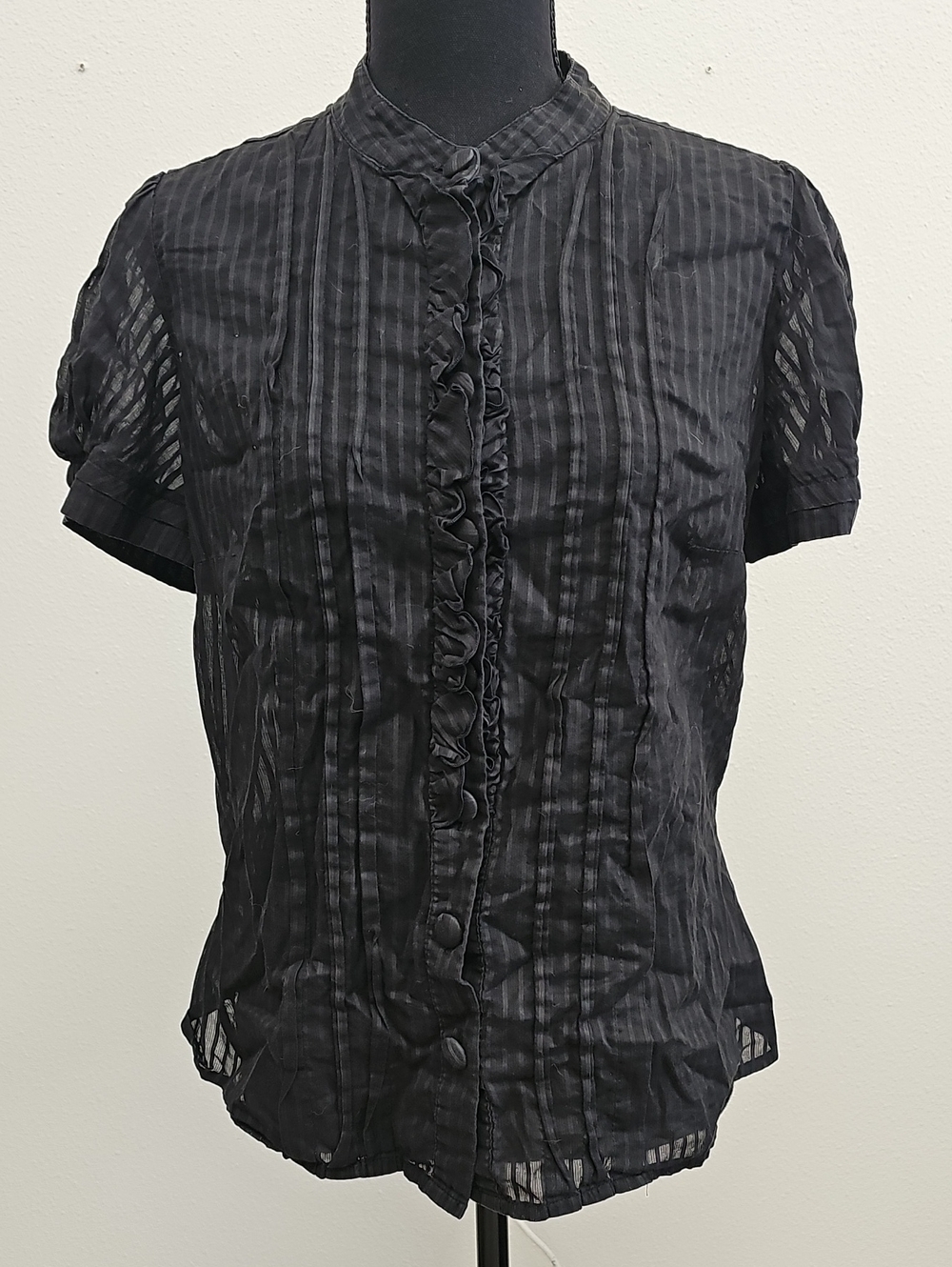 a.n.a Black Ruffle-Front Short Sleeve Button Down Shirt